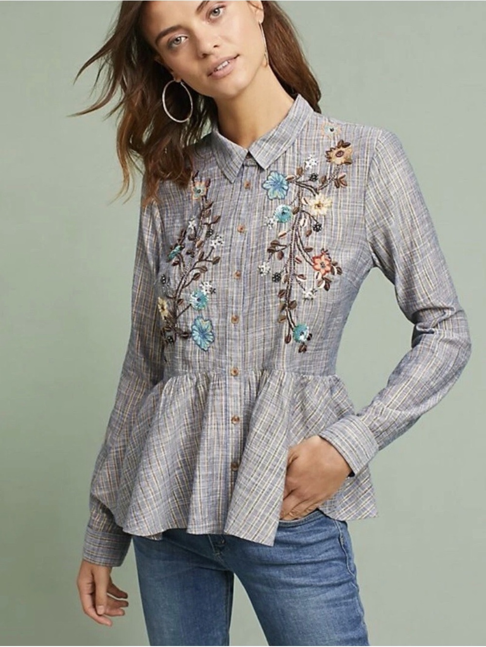 Antropologie Embroidered beaded Plaid Peplum Button-Front Shirt